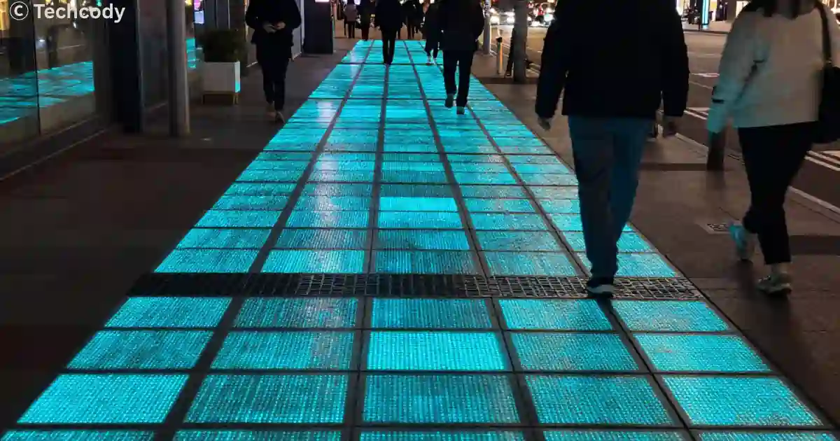 Walking Electricity Technology - Futuristic sidewalk generating electricity from footsteps using piezoelectric floor technology
