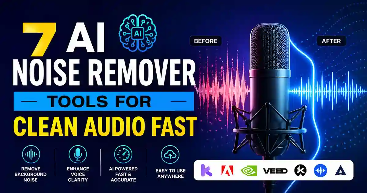 7 AI noise remover tools for clean audio fast with microphone and sound wave illustration