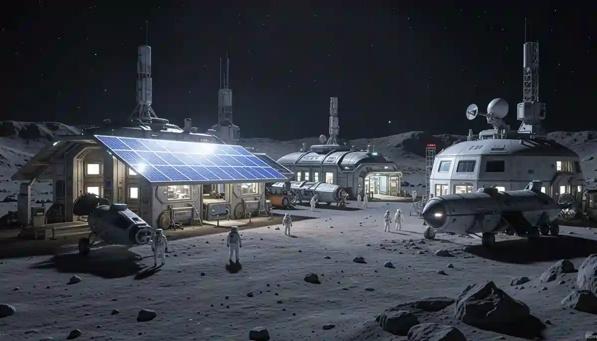 Futuristic NASA Moon Base at night with astronauts, rovers, and advanced lunar habitats on the Moon’s surface