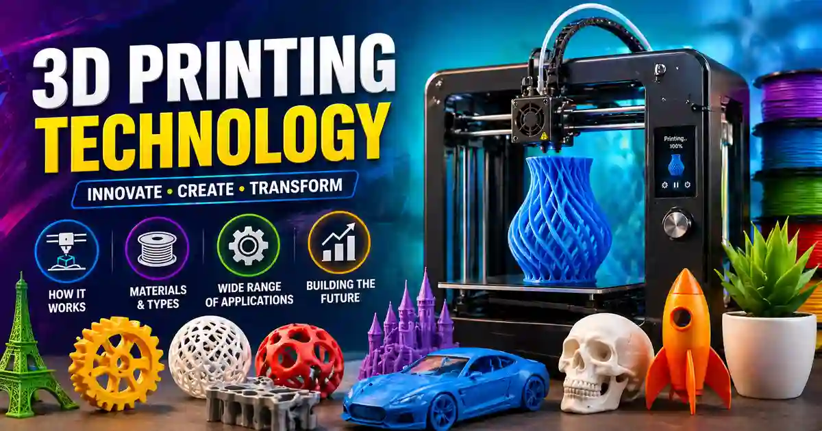 Colorful 3D printing working process featured image showing 3D printer and printed objects