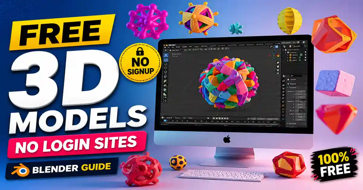 Free 3D models for Blender without login showing colorful 3D objects and workspace